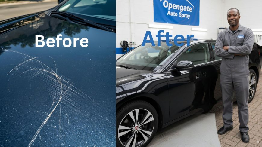 Image of a repaired car scratch, showing before and after the car scratch removal.